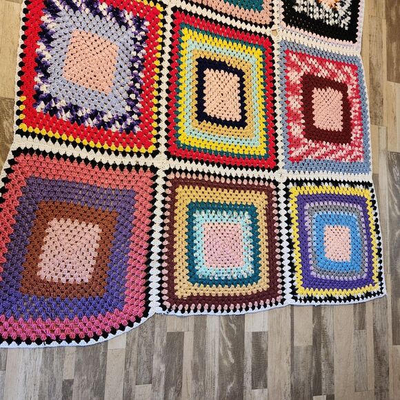 Vtg Handmade Granny Square Afghan Retro Cottagecore FULL/QUEEN 104x65" Y2K *read - Picture 4 of 16